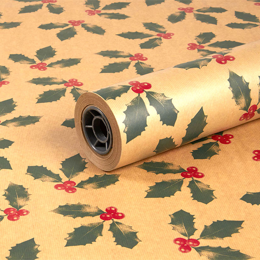 750mm 50gsm Brown Kraft Red and Harrods Green Holly